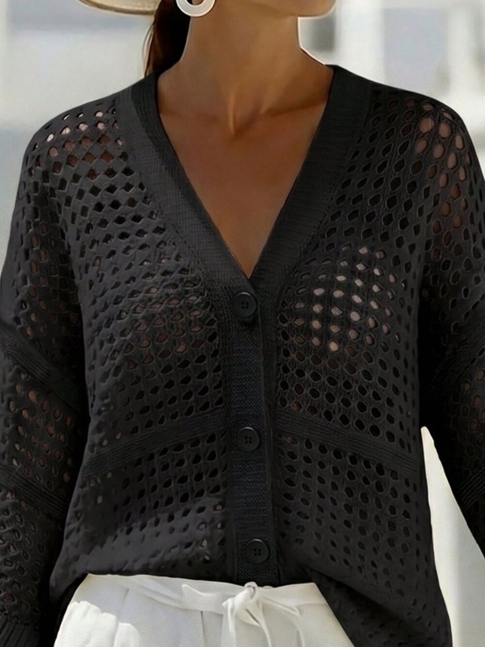 Black Casual Women's V-Neck Sleeveless Mesh Loose Cardigan - Picture 6 of 6